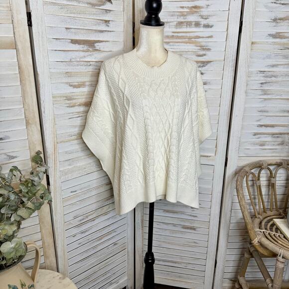 J. CREW Women's One Size Mock Neck Fisherman Cable Knit Poncho Sweater Cream - Picture 5 of 16